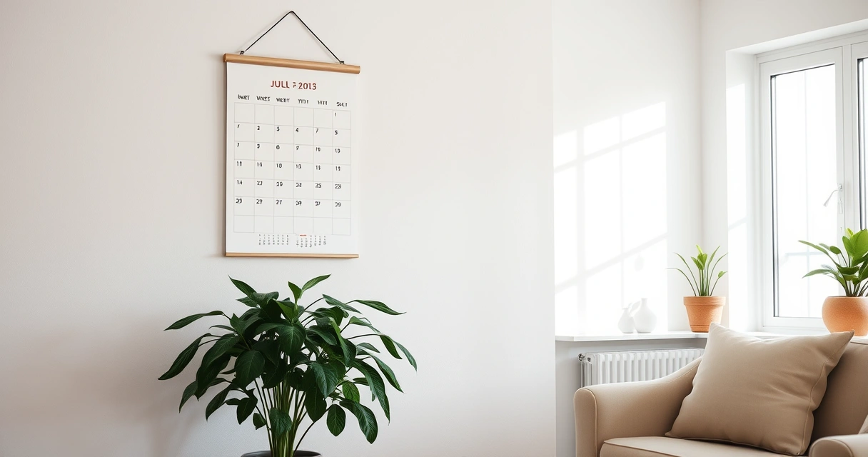 Calendário de parede e um vaso de planta no canto de uma sala