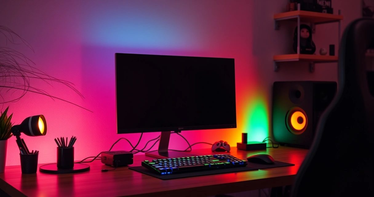 Mesa de jogo com monitor, teclado e iluminação colorida
