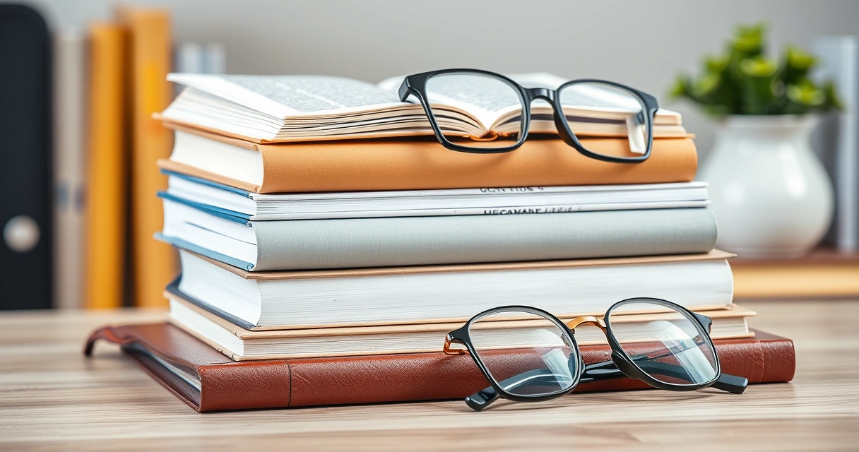 Pilha de livros e óculos de leitura sobre uma escrivaninha
