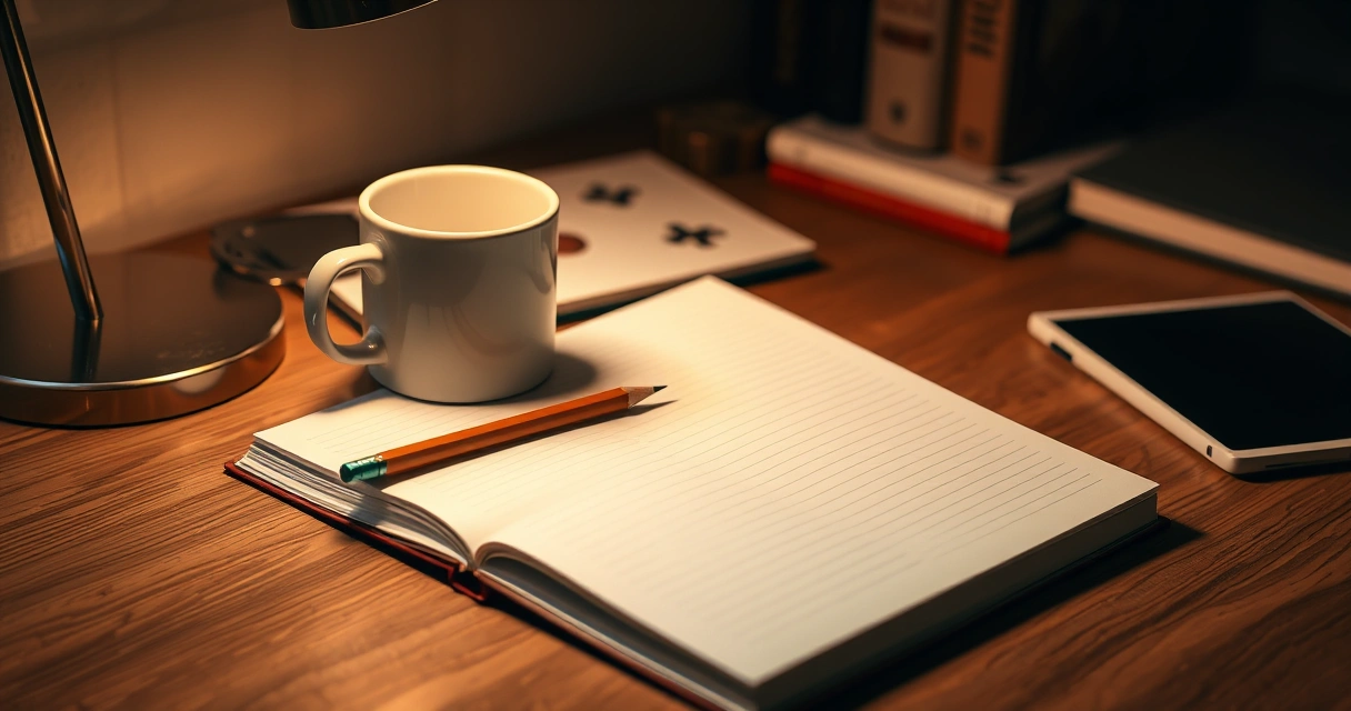 Caderno aberto, lápis e uma caneca sobre a mesa de estudo