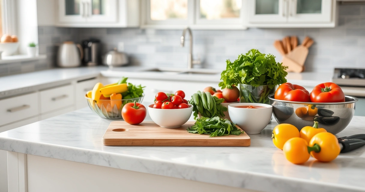 Bancada de cozinha com tábua, tigelas e legumes frescos