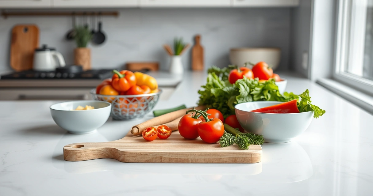 Bancada de cozinha com tábua, tigelas e legumes frescos
