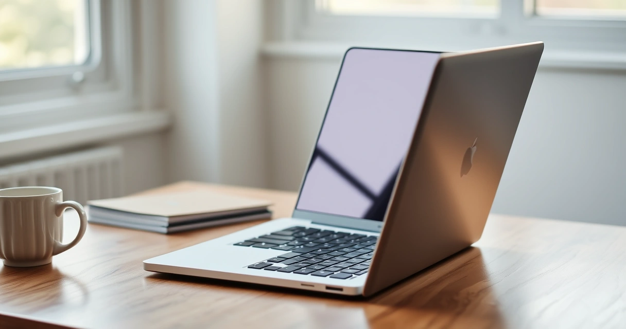 Notebook aberto sobre mesa de madeira, ao lado de uma caneca