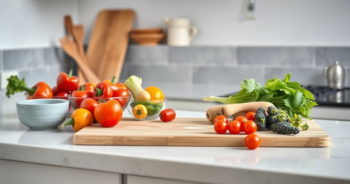 Bancada de cozinha com tábua, tigelas e legumes frescos
