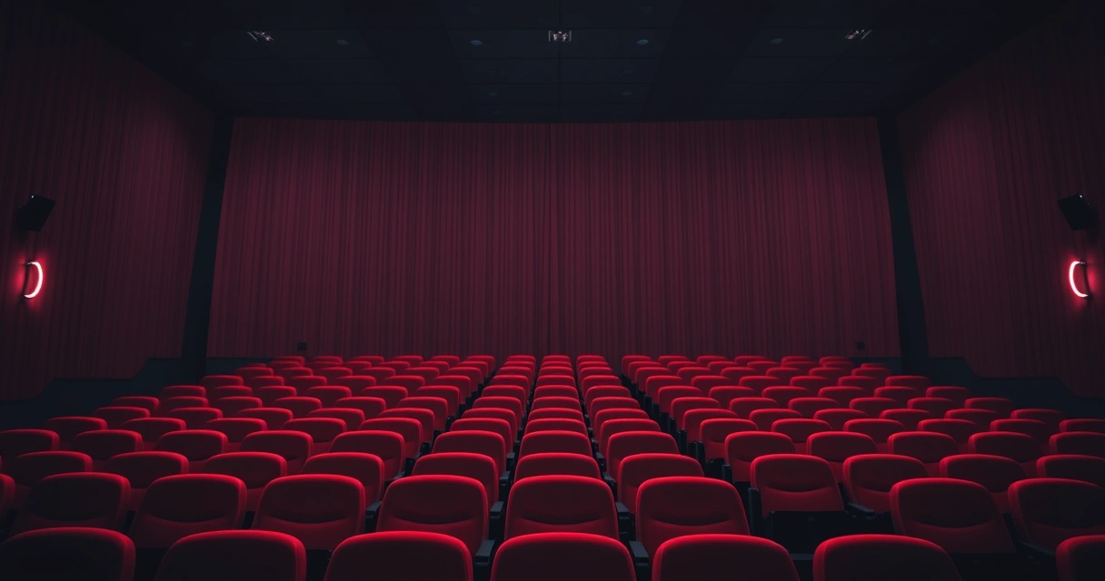 Sala de cinema vazia, com poltronas vermelhas e luz baixa