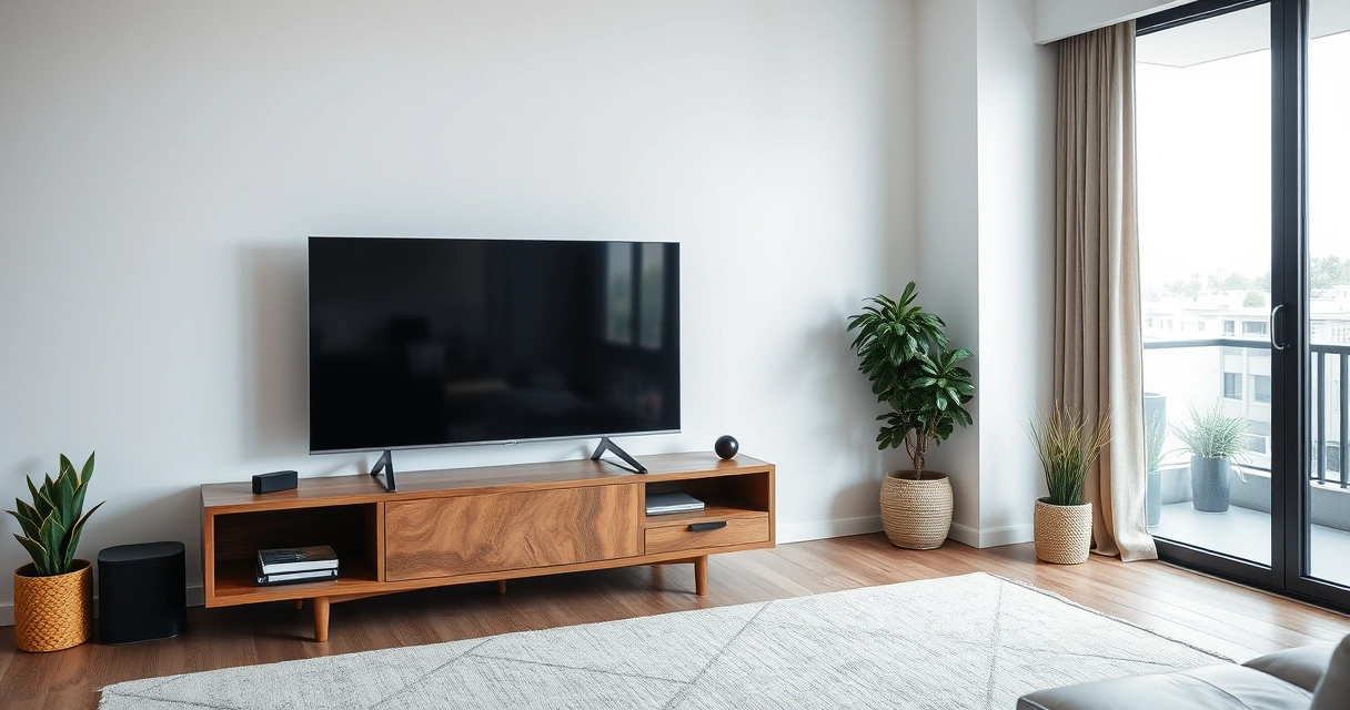 Televisão grande sobre rack de madeira numa sala moderna