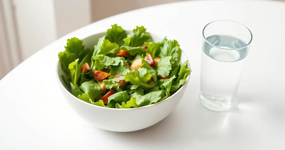 tigela de salada verde e copo de água sobre mesa branca