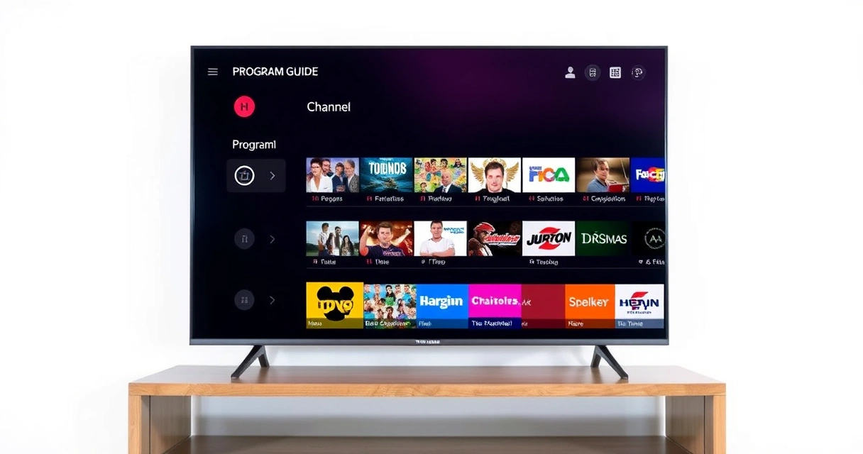 televisão exibindo grade de programação com horários dos canais