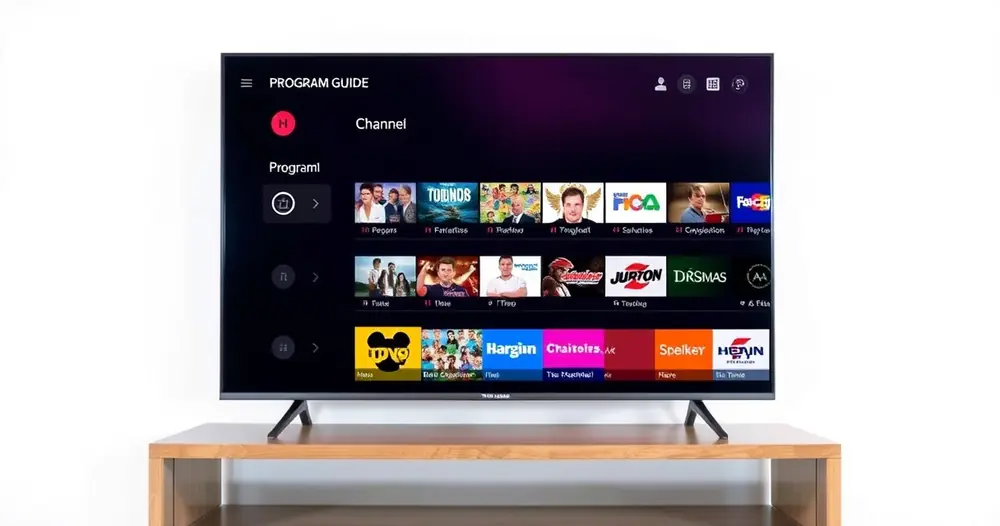 televisão exibindo grade de programação com horários dos canais