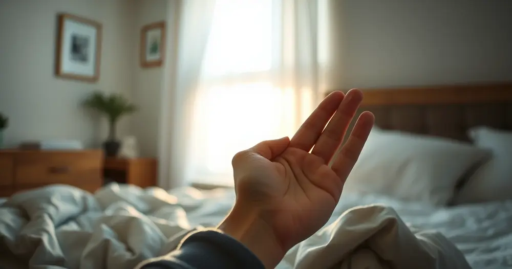 pessoa acordando e sacudindo a mão dormente no quarto pela manhã