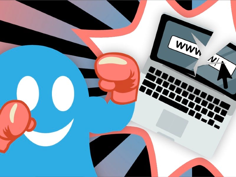 A cartoon image of a ghost with boxing gloves fighting a laptop