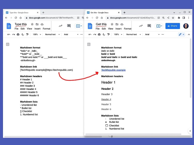 Screenshot of two Google Docs. Left one, titled Type this, with command that include *italic*, **bold**, ***bold and italic***, along with headers, and other formatting described in the article. The left screenshot shows the resulting italic, bold, and bold and italic text, along with 6 levels of document headers, a link and markdown list options.